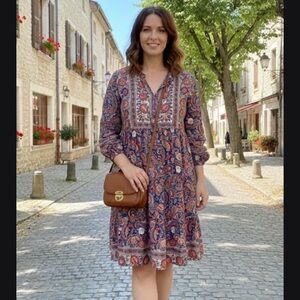 Anthropologie Red and Blue Paisley Long Sleeve Dress